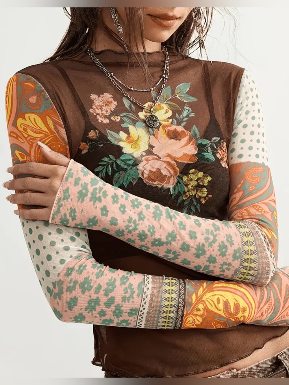 Floral Patchwork Long Sleeve Mesh Top - Brown